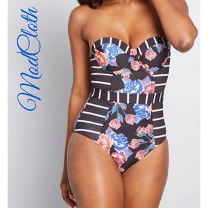 ModCloth Womens Size Small The Harper One-Piece black floral Strapless Swimsuit